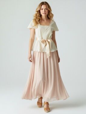 VINTAGE Square Neck Embroidered Ribbon Accent Blouse